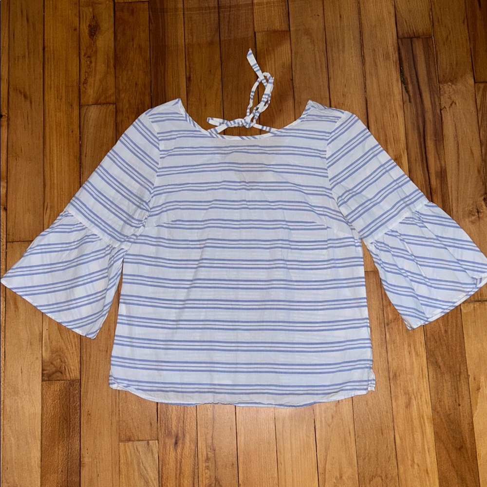 J.Crew Factory Blue and White Striped Bell Sleeve Top